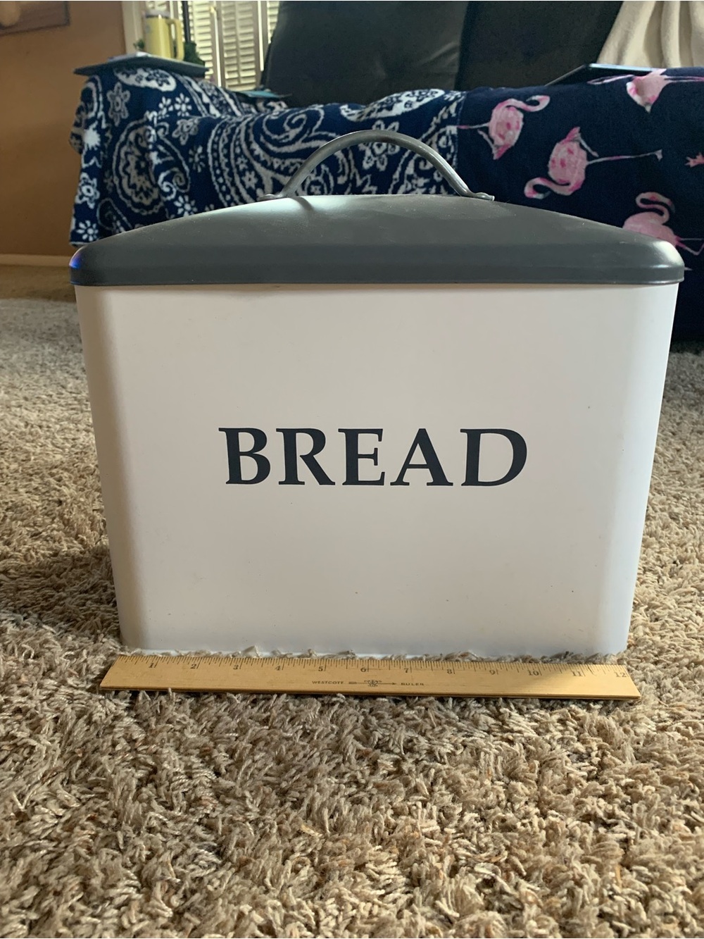 Classic White Bread Box with Gray Lid and Handle